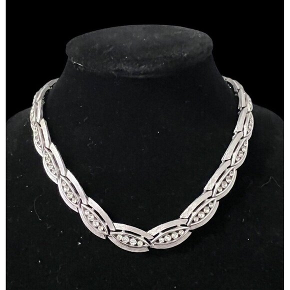 Trifari Necklace Bracelet Clip On Earrings Set Silver Tone Faux Rhinestones - Picture 3 of 11